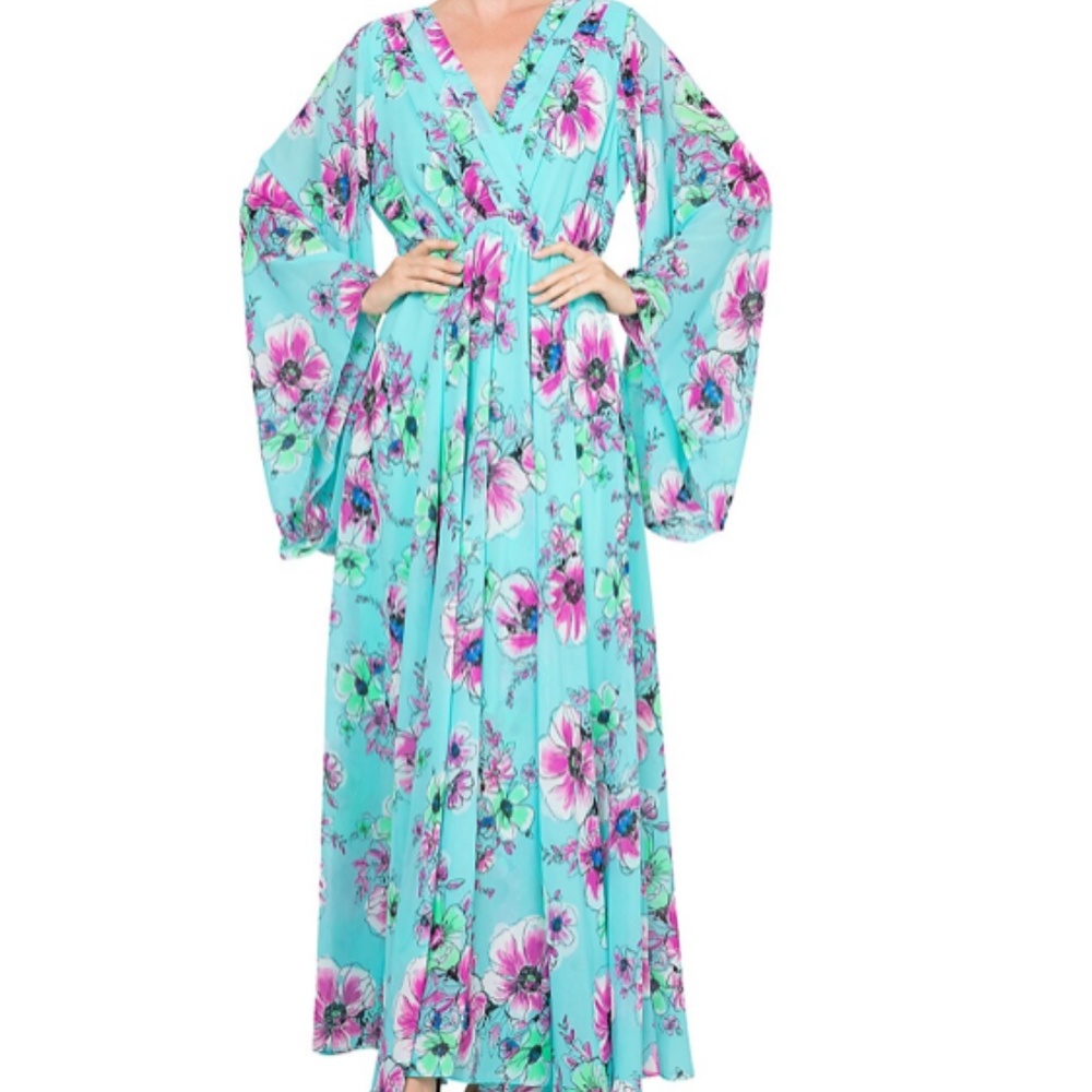 MEGHAN FABULOUS: Women's Sunset Floral Ruffle Maxi Dress - Turquoise